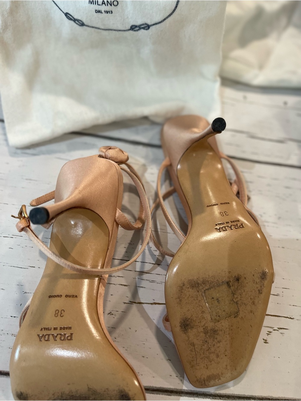 Prada Vintage Satin Floral Strappy Heels Blush Nude Size 38 Made in Italy - Picture 4 of 7